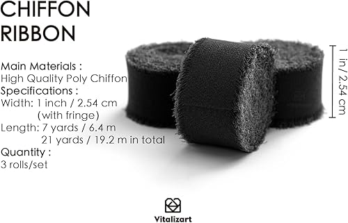 Miniatura 2 de Vitalizart Cinta de seda de gasa negra de 1 pulgada x 21 yardas, paquete de tela con flecos (3 rollos x 7 yardas) para invitaciones de boda, ramos