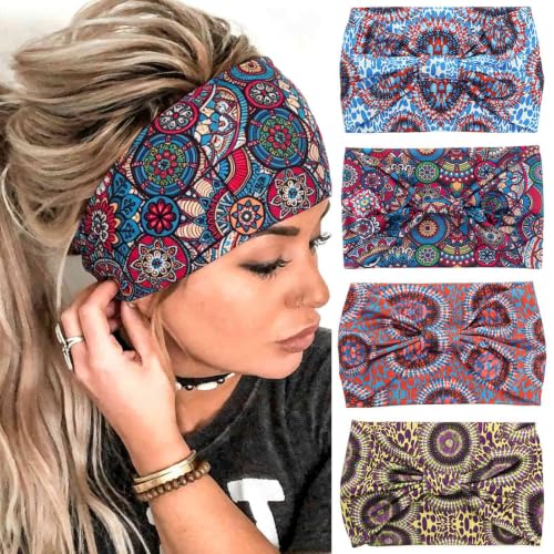 Acenail Boho Wide Headbands Knotted Hairbands Non Slip Printed Head Wraps Turban Workout Head Bands Elastic Yoga Hair Scarfs Bohemian Fashion Hair Accessories for Women 4Pcs (Fashion)