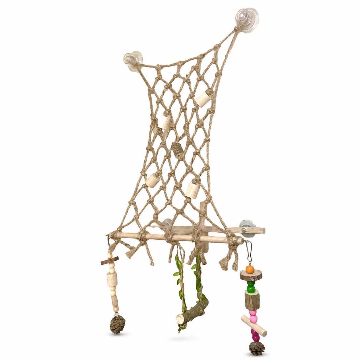FashionCha Bird Perch and Bird Toy with Suction Cups for Window or Cage, Suction Cup Perch with Rope Net, Wooden Perch, and Colorful Beaded/Pinecone Toys, C203