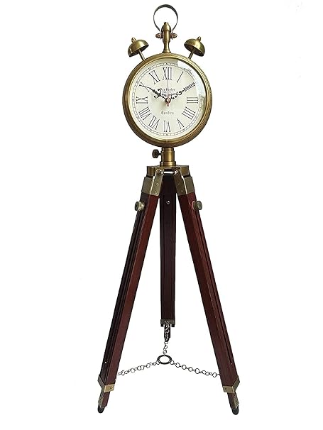 Antique Style Wooden Tripod Floor Analog Clock with Brass Accents, Roman Numerals, Bell Prop, Stand