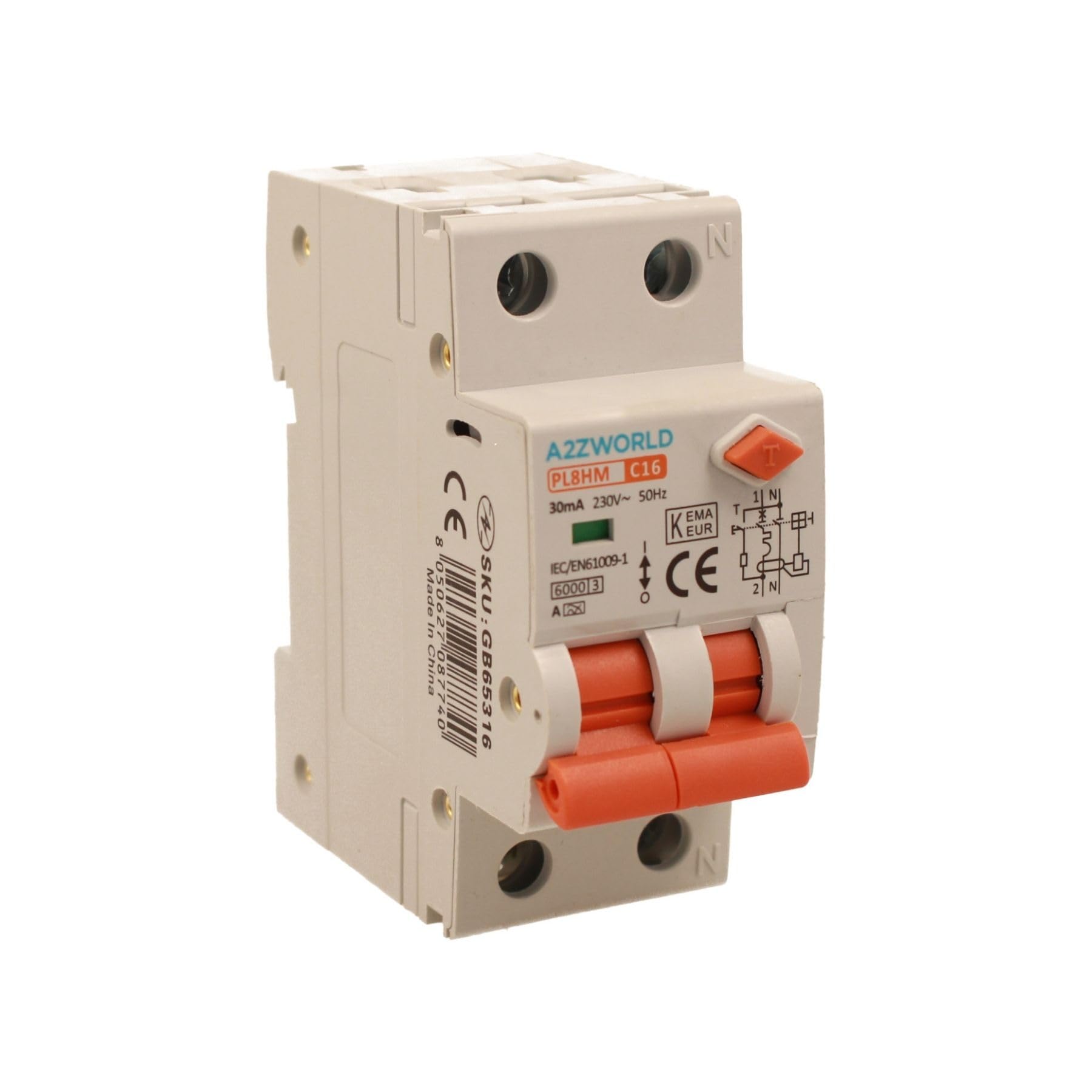 Interruptor diferencial magnetotérmico tipo A 16 A C16, RCBO 1P + N 6 kA 30 mA curva C, doble palanca con diagnóstico visual, 2 módulos DIN, serie PL8HM electromagnética