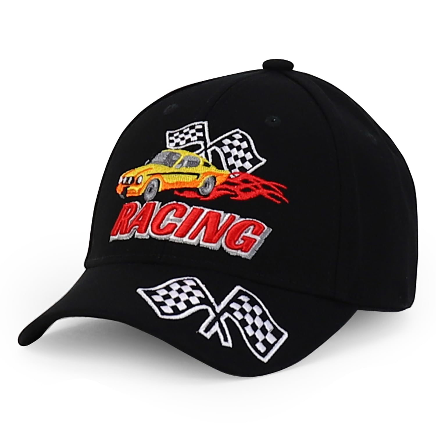 Trendy Apparel Shop Junior Kid Size Racing 3D Embroidered Flame Car Race Flag Baseball Cap