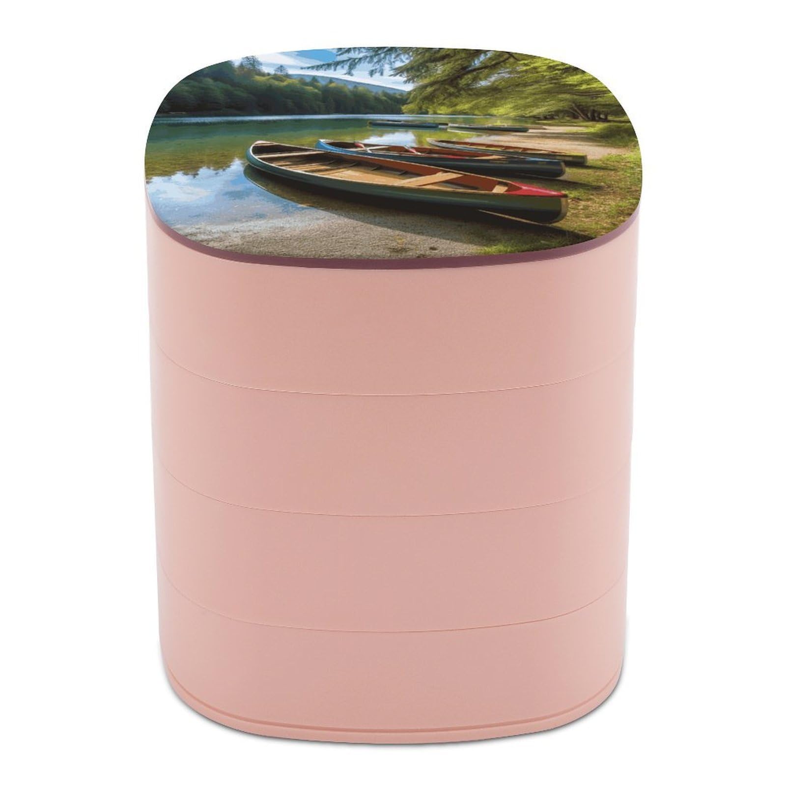 JTREHY Lake with Boats Canoes ParkJewelry Box 4-Layer Rotating Stronge Boxs Round Travel Jewelry Case with Lid for Bracelets Rings Bracelets, Gift for Women