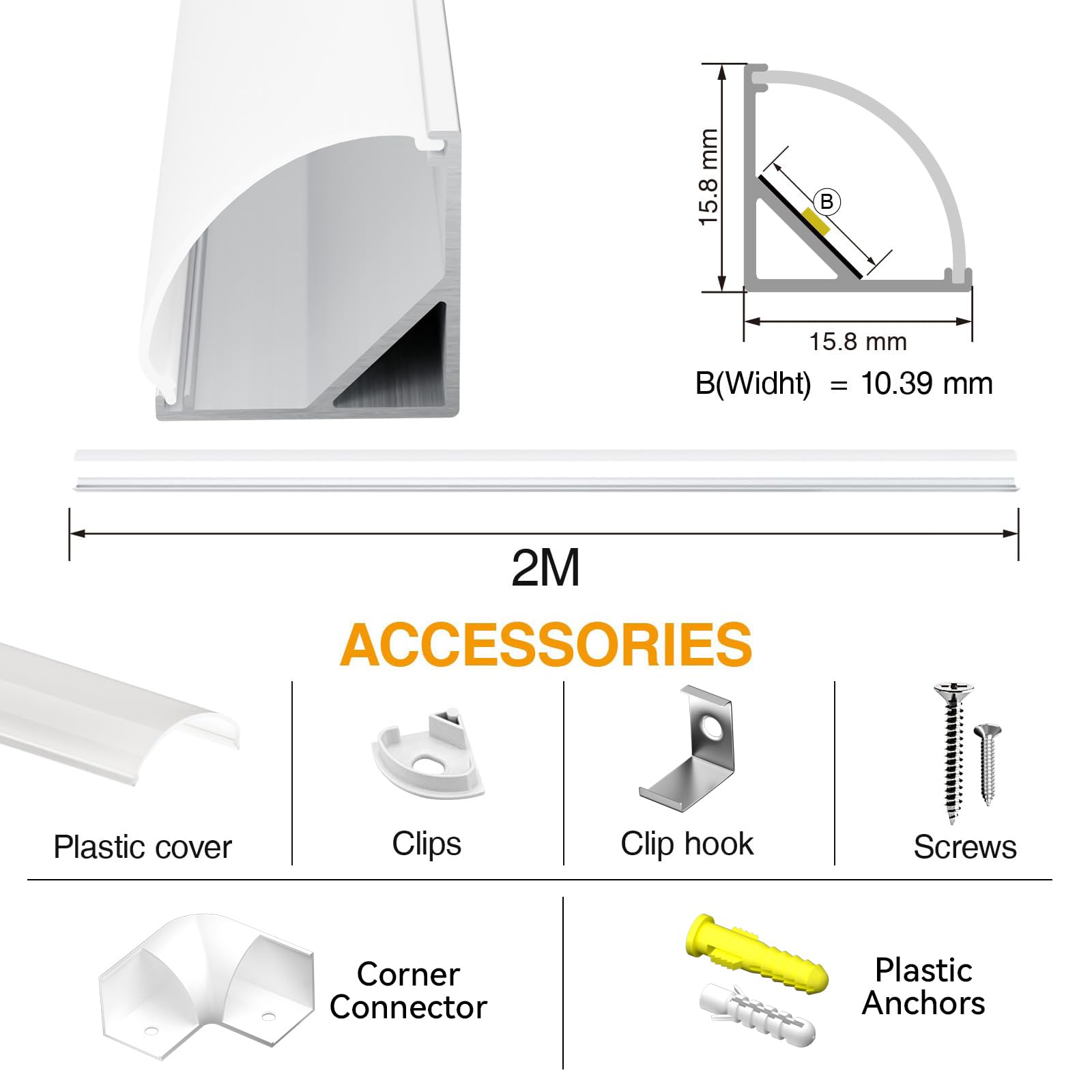 Perfil de aluminio para esquinas de LED, 2 m x 20 unidades (40 m), 45 °, perfil de aluminio para una iluminación perfecta con difusor y tapas para tiras de LED, 15,8 x 15,8 mm