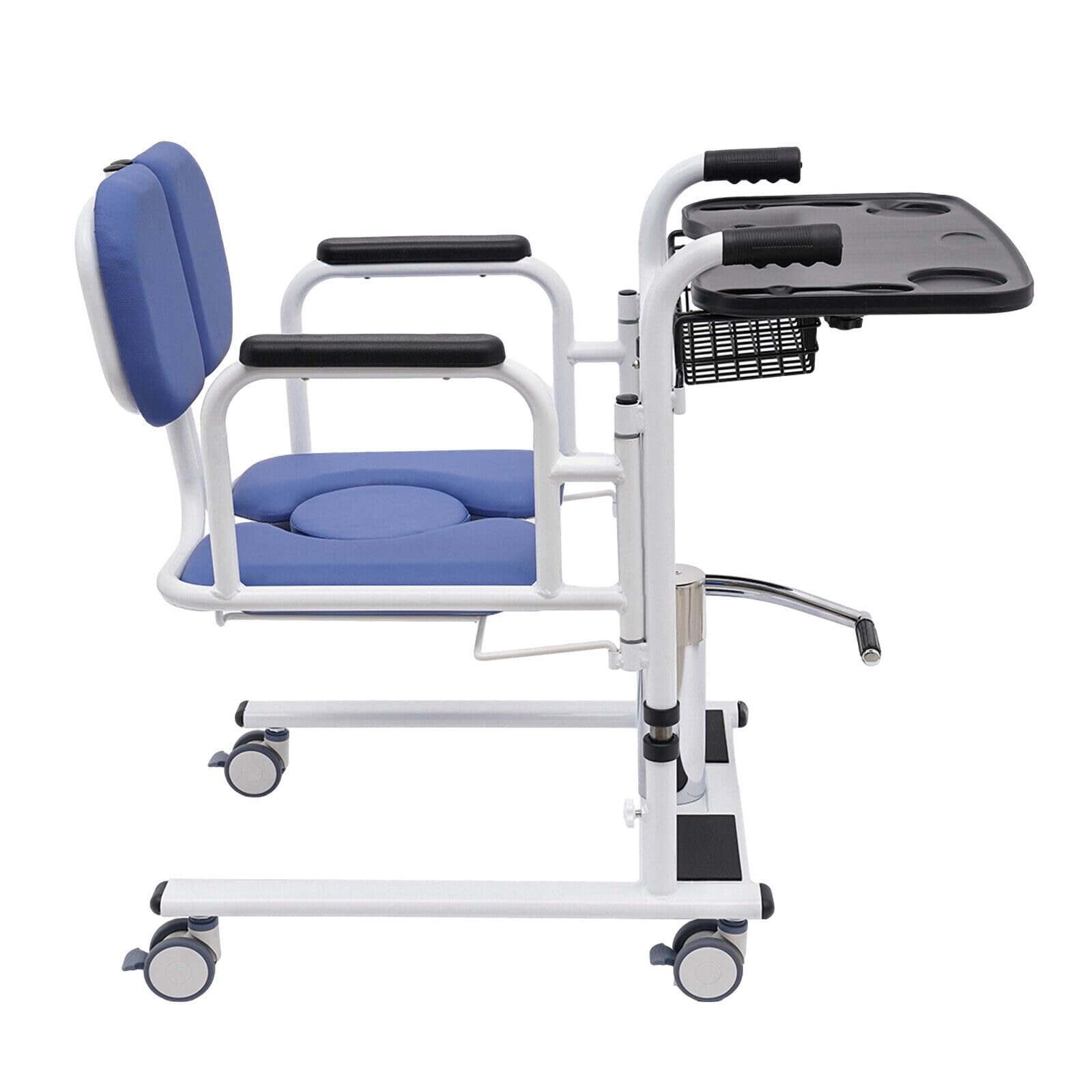 Silla elevadora portátil para personas mayores, ayuda de transferencia, silla de ducha multifuncional con asiento dividido de 180°, capacidad de carga de 150 kg, color azul