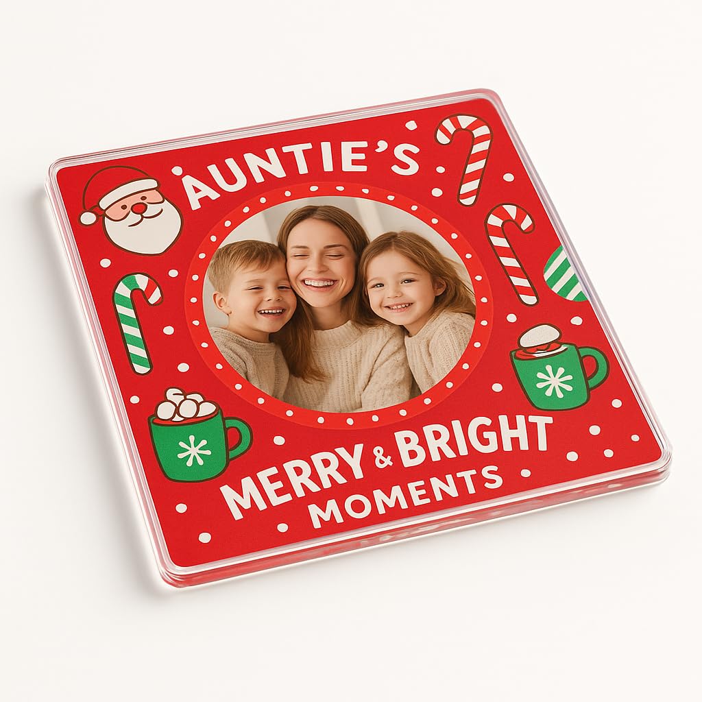 The Plum Penguin Auntie Festive Joy Personalised Acrylic Coaster Gift With Whimsical Christmas Design - Personalised Photo Keepsake For Auntie's Festive Memories