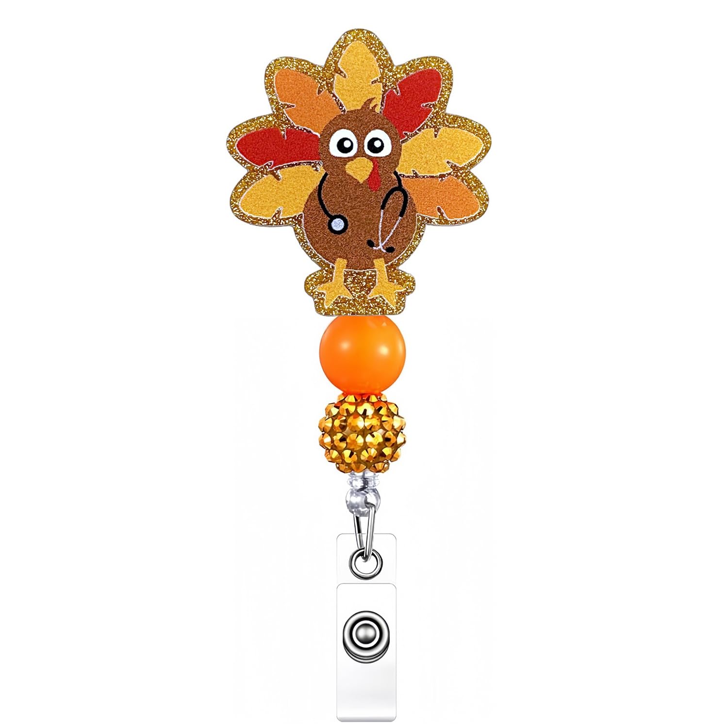 Fall Badge Reels Retractable Autumn Turkey ID Badge Holder Glitter Design Thanksgiving Decorative Badge Reel Funny Turkey Badge Clip Acrylic Badge Holders for Nurse Doctor Teacher Student Office Gifts