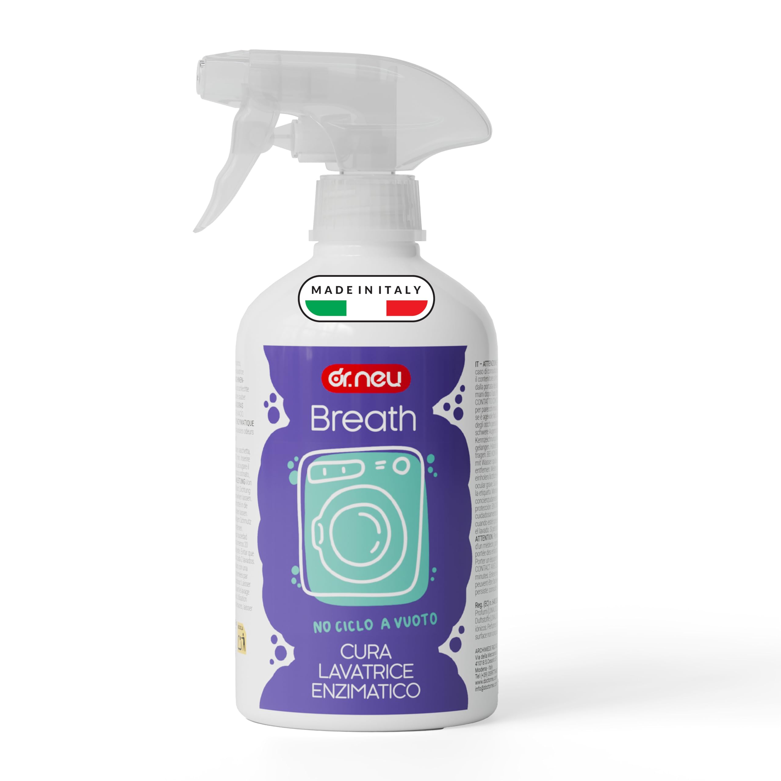 DR. NEU - Cura Lavatrice Igienizzante e Anticalcare Breath Spray Enzimatico Naturale, Senza Ciclo a Vuoto, Pulitore Lavatrice Contro Cattivi Odori e Sporco - Compatibile con Tutte le Lavatrici 500ml