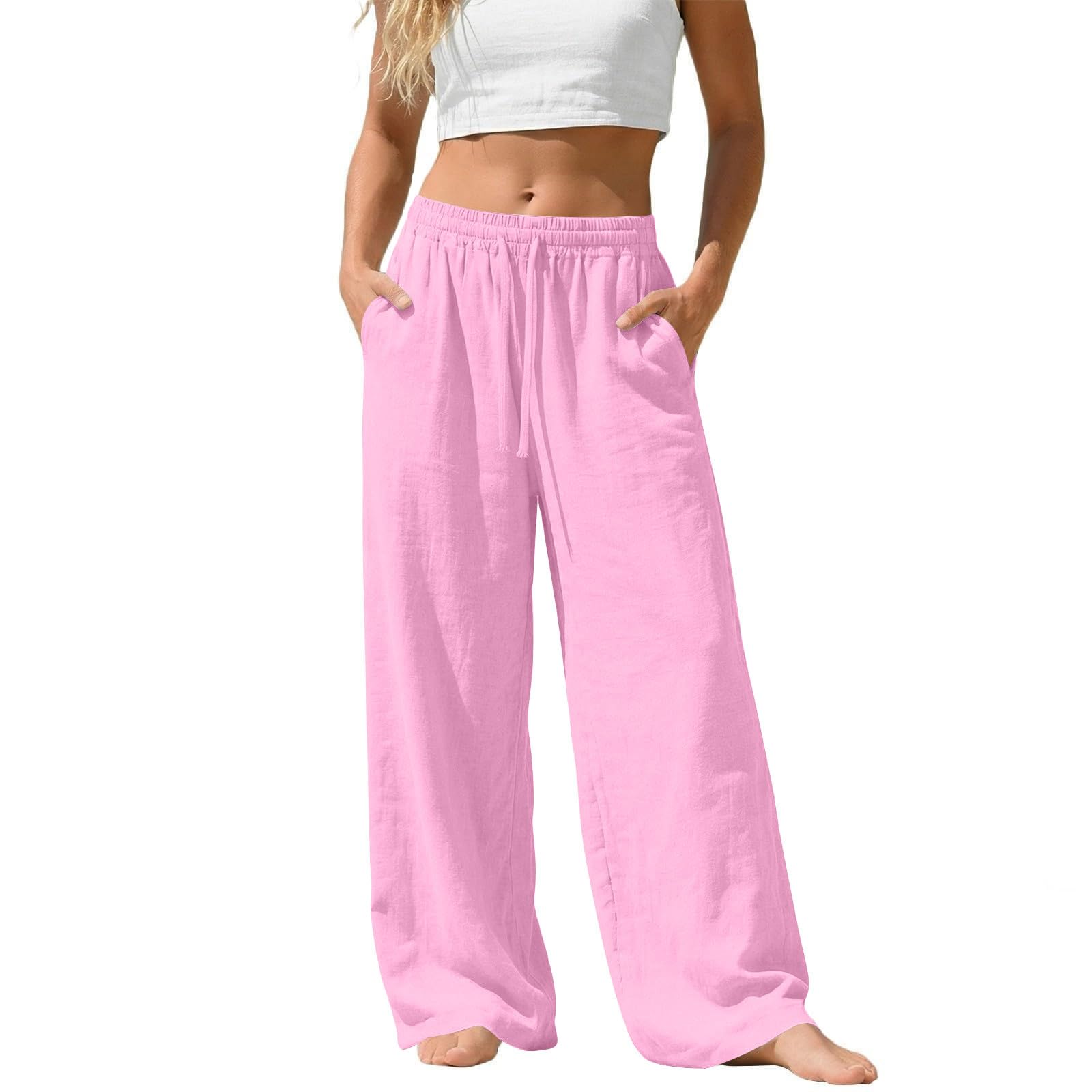 Linen Pants Women Summer Baggy Wide Leg Flowy Pants Drawstring High Waistes Slacks Loose Comfy Beach Travel Trousers — view 11