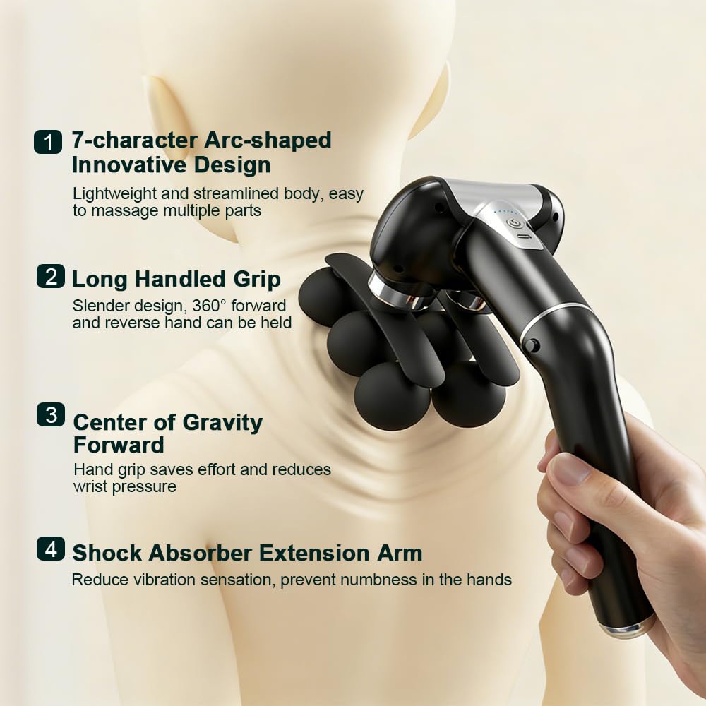 Appareil de massage à double tête, pistolet de massage à impact amovible avec poignée allongée, masseur du dos à main, masseur des tissus profonds, 5 têtes de massage interchangeables