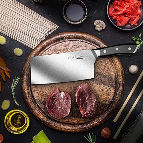 SKY LIGHT Cleaver Knife, 7 Inch Butchers Knife German High Carbon Stainless Steel Kitchen Meat Chopper Razor Shape Chef’s Knives with Ergonomic Handle