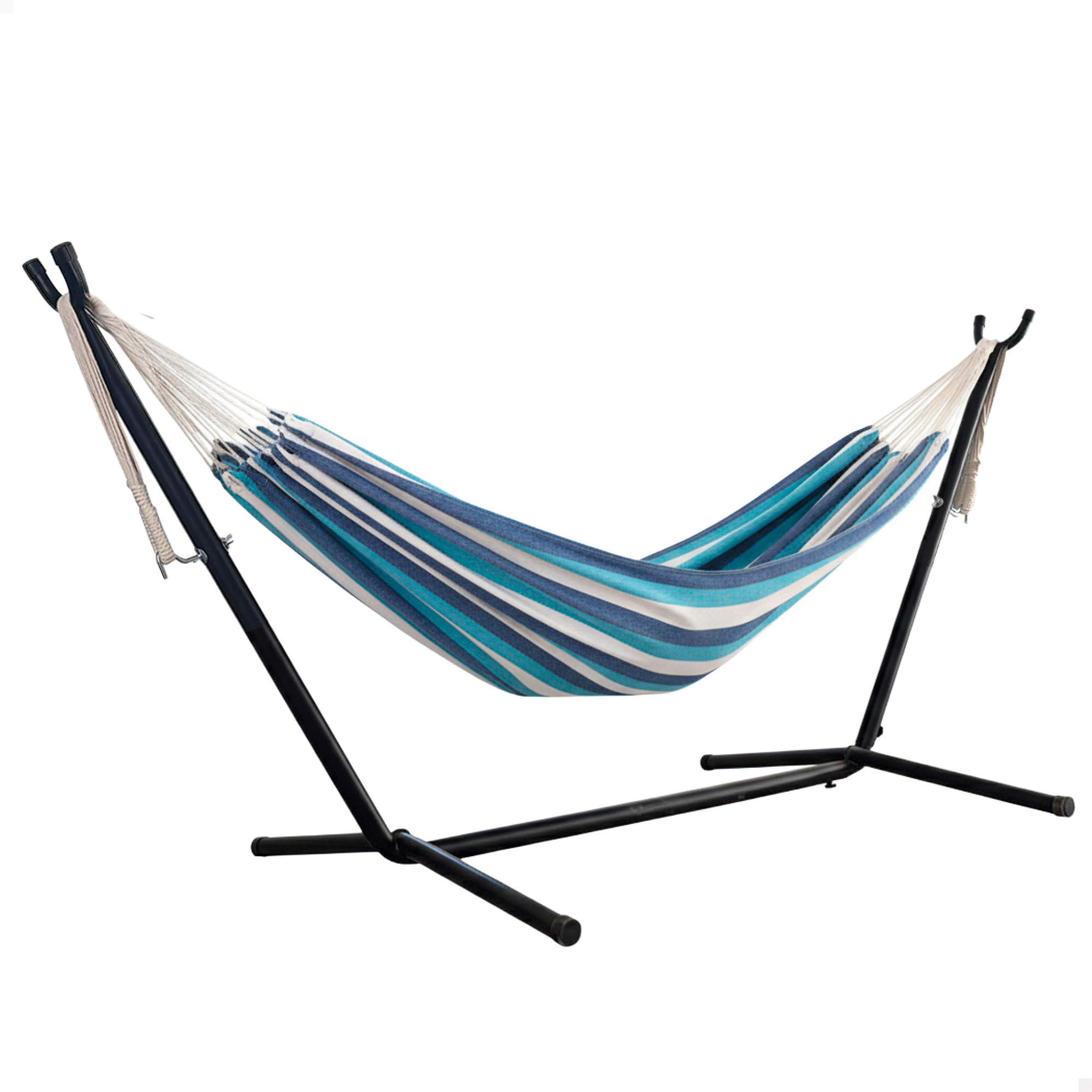 AKTIVE Vivac 63204 Hamac extérieur, 260 x 108 x 102 cm, pour 2 Personnes, Structure en Acier autoportant, Tissu à Rayures Polyester, supporte 250 kg, kit Camping, chaises Longues de Jardin extérieur