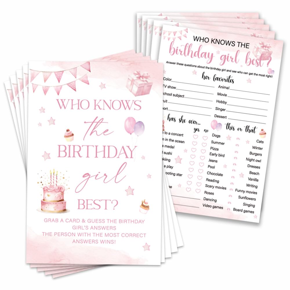 Who Knows The Birthday Girl Best Birthday Cards - Sleepover Slumber Party Supplies, Birthdays Night Creative Idea, 20 Cards Set for Party(Double-Sided) (Pink Cake)