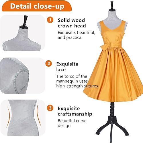 Miniatura 25 de Forma de vestido de maniquí, modelo de vestido femenino, cuerpo de maniquí con pantalla de torso, 53-67 pulgadas, soporte de trípode ajustable