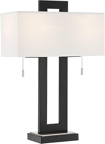 Miniatura 2 de 360 Lighting Neil - Lámpara de mesa rústica moderna de 26 pulgadas con puertos USB, carga A+C, color negro, metal abierto, tela blanca, pantalla