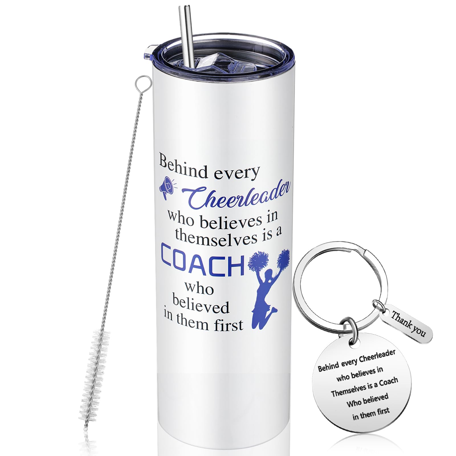 Suclain 2 Pcs Cheer Coach Gifts Set for Women 20 oz Cheerleader Tumbler with Lid Straw and Cheerleading Coach Keychain for Coach Cheerleader Birthday Retirement Gifts(Blue)