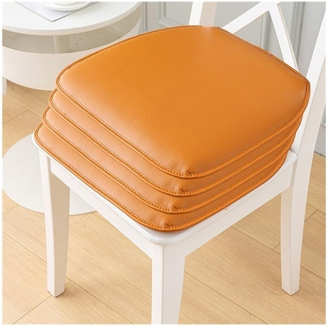 Set di 4 cuscini per sedia da pranzo impermeabili in finta pelle a ferro di cavallo, antiscivolo, con laccetti, arancione, 43 x 40 cm
