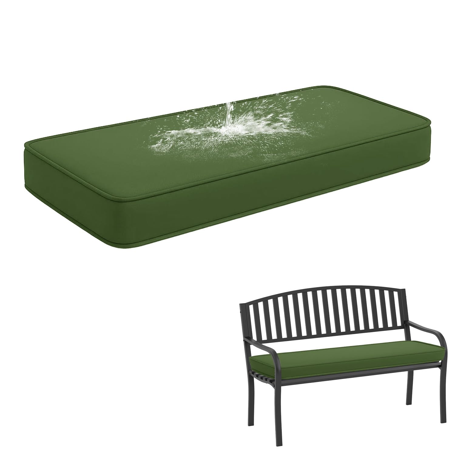 Waterproof Outdoor Bench Cushion with Non-Slip Base & Ties, 50D High Density Foam Bench Seat Cushion, Removable Zipped Cover for Garden, Patio or Window Seat,Army green,180X50X5cm
