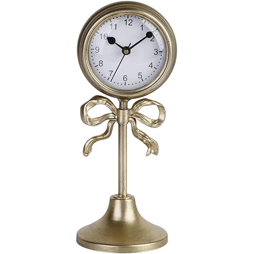 NIKKY HOME Gold Table Clock with Bow, Silent Non-Ticking Classic Elegant Battery Operated Decorative Mantel Desk Shelf Clock for Living Room Decor