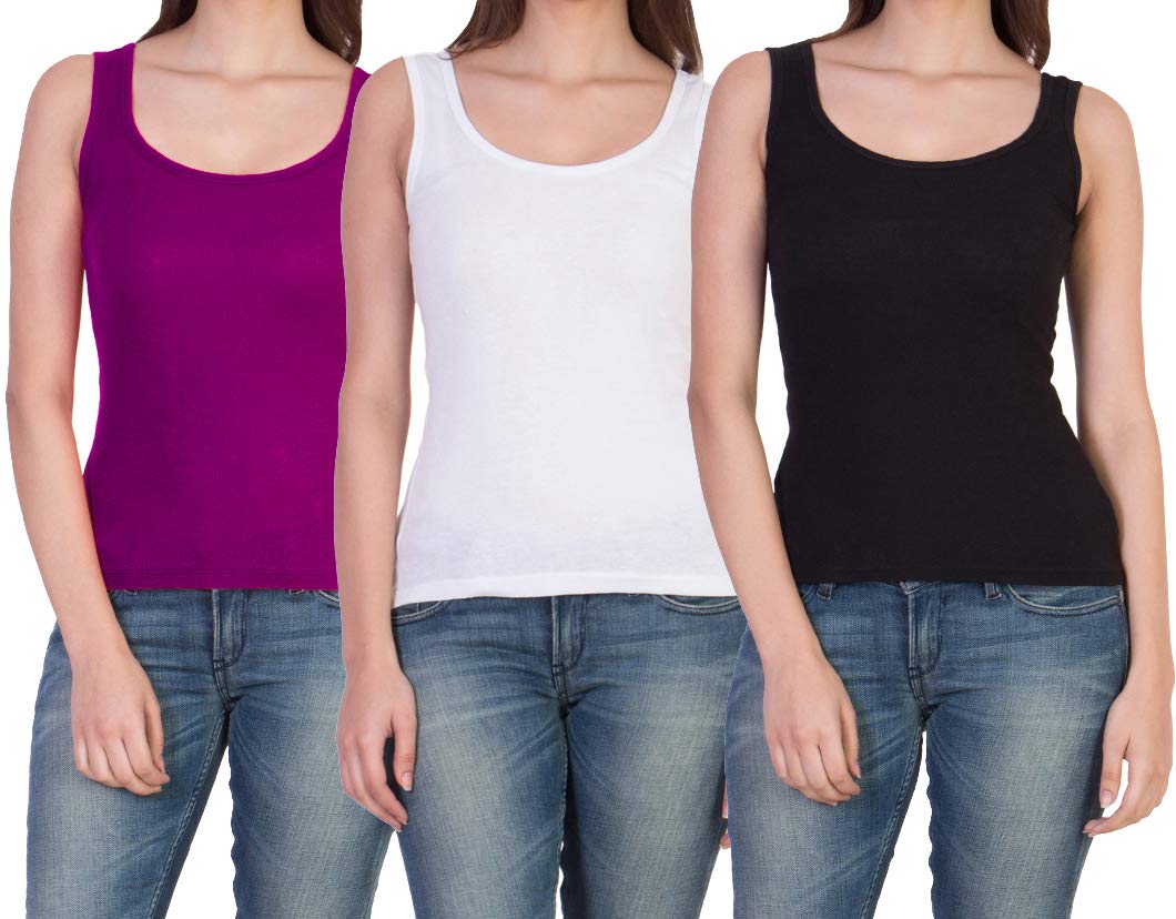 Women's & Girl's Cotton & Lycra Camisole (Pack of 3) (PT-3TANK_White, Black & Purple_Large)-image-2