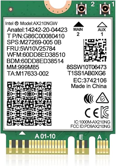 WiFi 6E Wireless Card Intel AX210 NGW Bluetooth 5.3 Tri-Band 5400Mbps Network Adapter for Laptop Support Windows 10/11 (64bit) M.2/NGFF