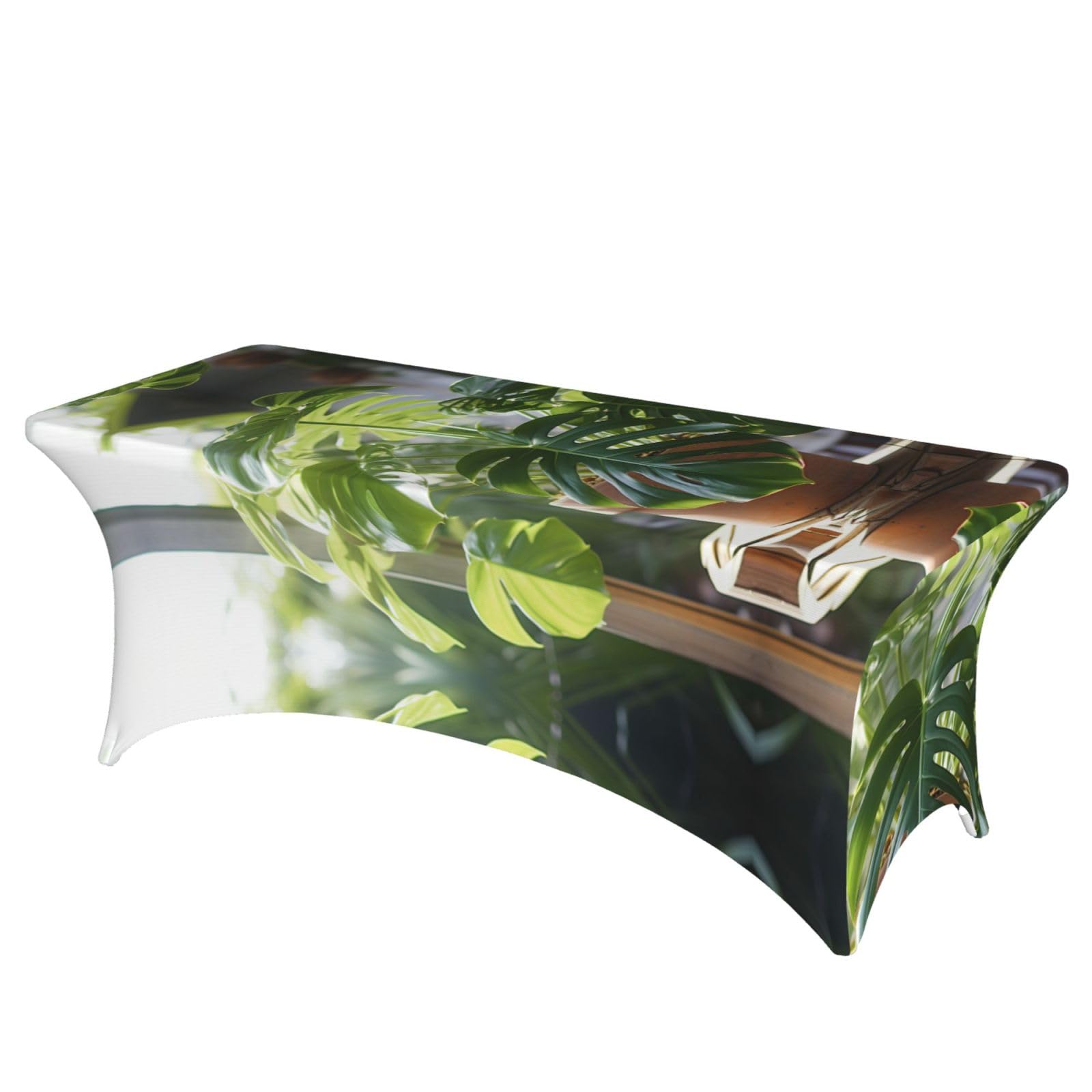 Fbghhty Black Monstera Deliciosa Banana Palm Print Elastic Rectangular Tablecloth For Banquet Wedding Party Washable Table Cover