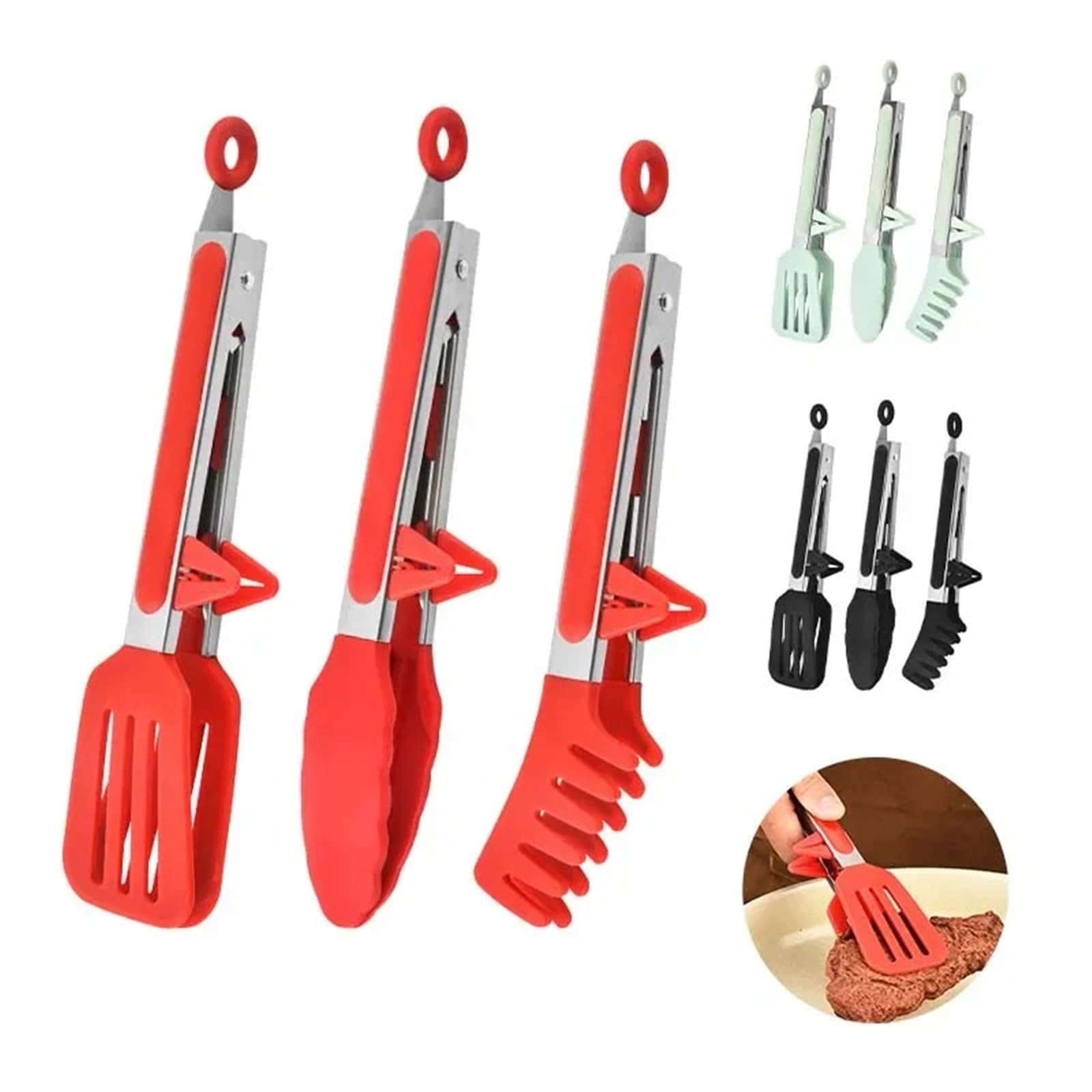Szczypce kuchenne, Szczypce 3 szt. Wielokolorowe, nierdzewne, nylonowe, silikonowe, antypoślizgowe klipsy do sałatek BBQ(Green 3pcs)