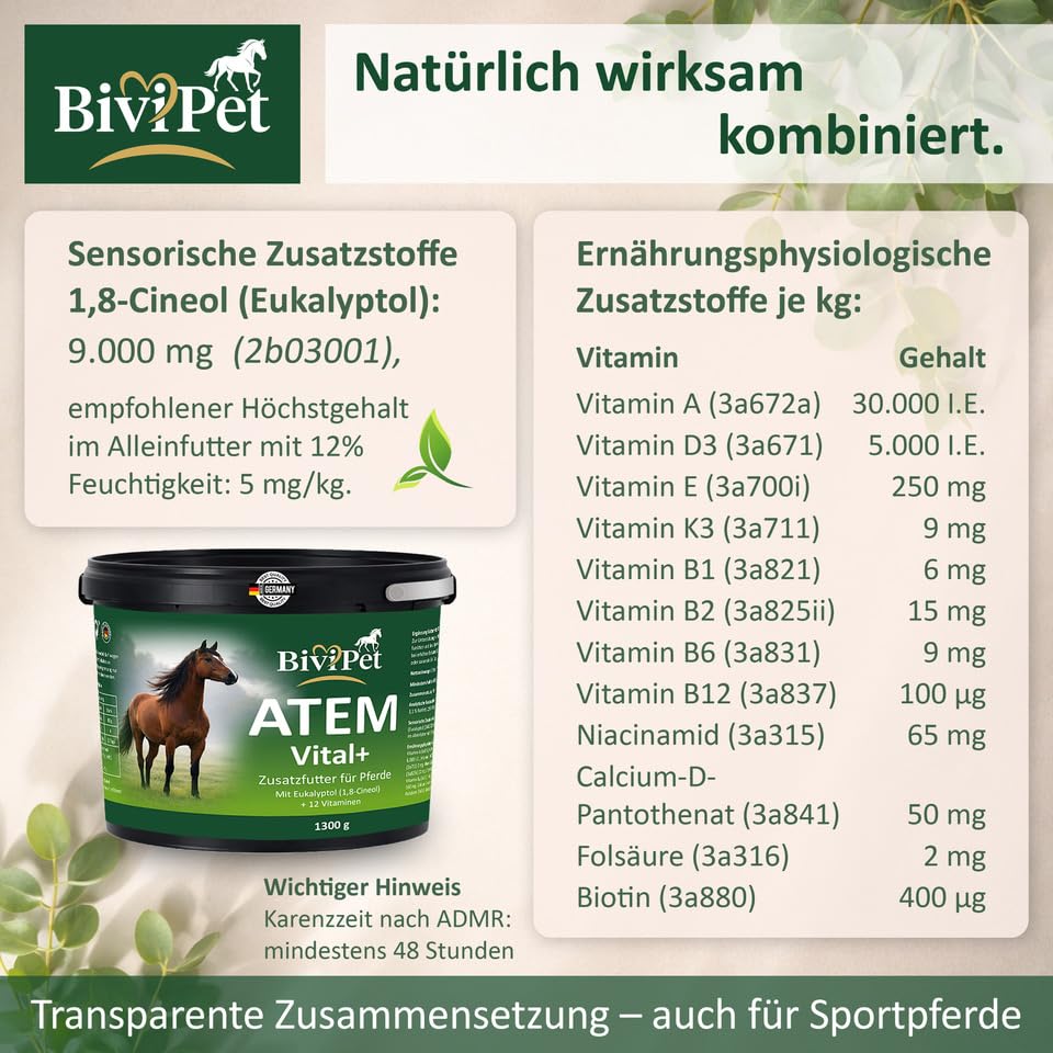 Atem Vital+ für Pferde – bei Husten & Belastung – 1,3 kg – mit natürlichem Eukalyptol & 12 Vitaminen – Atemwege & Bronchien Unterstützung – inkl. Dosierlöffel & Eimer mit Henkel