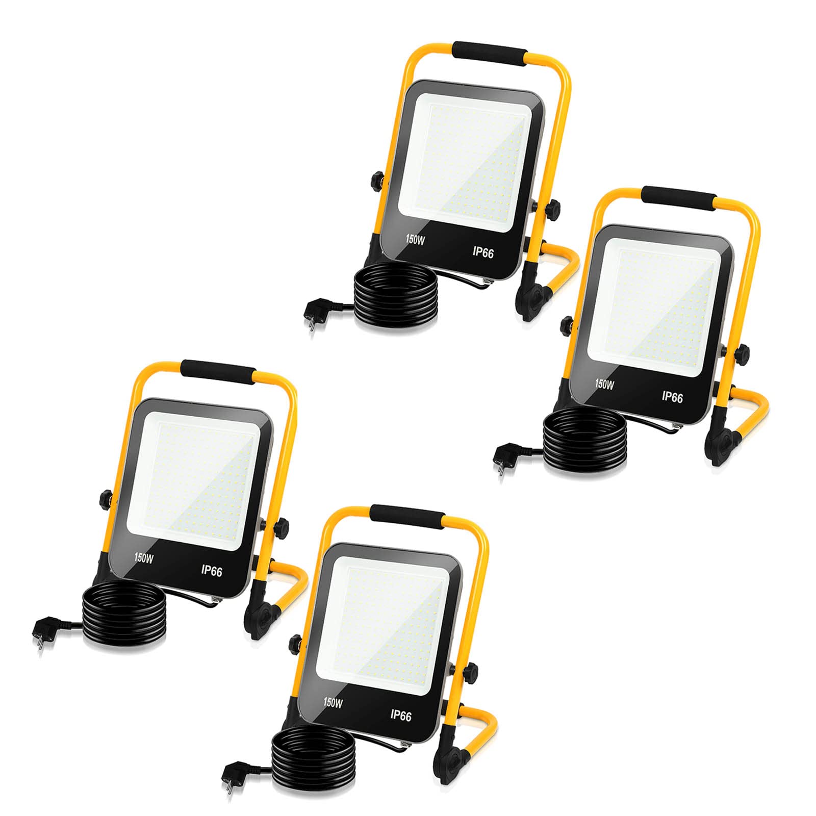 LED Foco de Construcción Luz de Trabajo 150W 13000LM Foco de Construcción con 3m Cable de Alimentación IP66 Portátil y Plegable 216 LEDs Foco para Taller Obra Garaje, Blanco Frío, 4pcs.