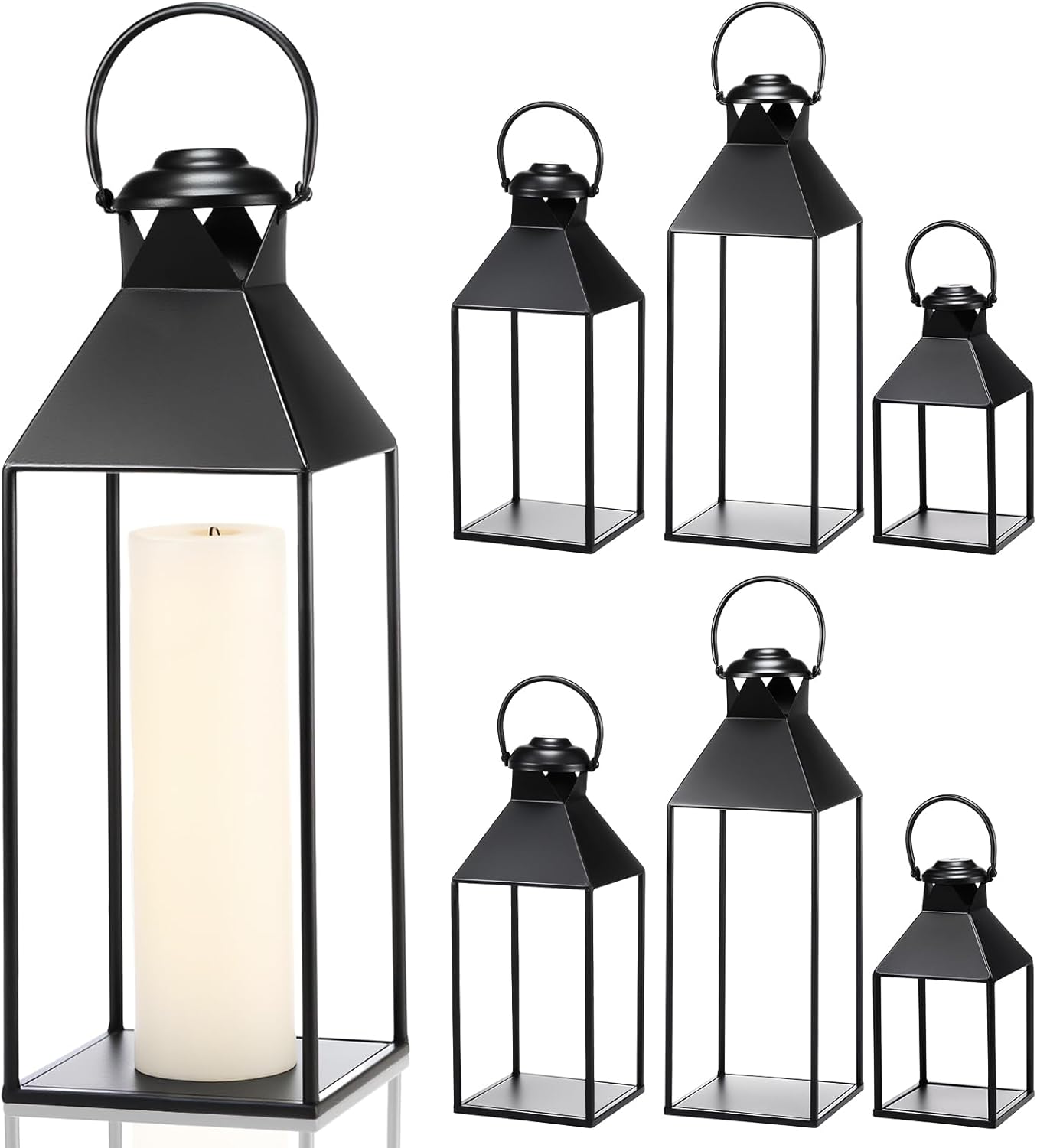 Set of 6 Decorative Candle Lanterns 19" 15" 11" Vintage Farmhouse Lanterns Distressed Black Metal Candle Holders No Glass for Indoor Outdoor Events Wedding Christmas Party