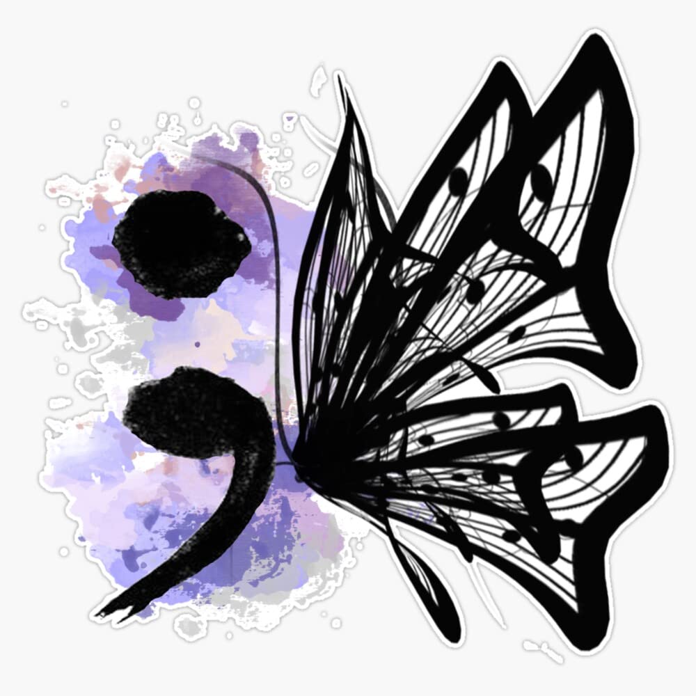 Semicolon Butterfly - No Text Sticker Vinyl Bumper Sticker 6 Mil Thick - Size 5"