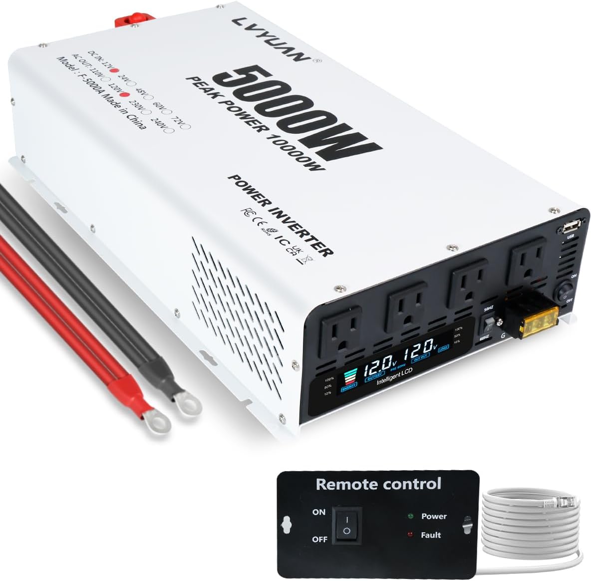 LVYUAN 5000 Watt Power Inverter 12V to 110V 120V DC to AC Converter with 4 AC Outlets, LCD Display, USB Charge Port, Remote Control for Home RV Vehicle Outdoor Camping Car Power Inverter