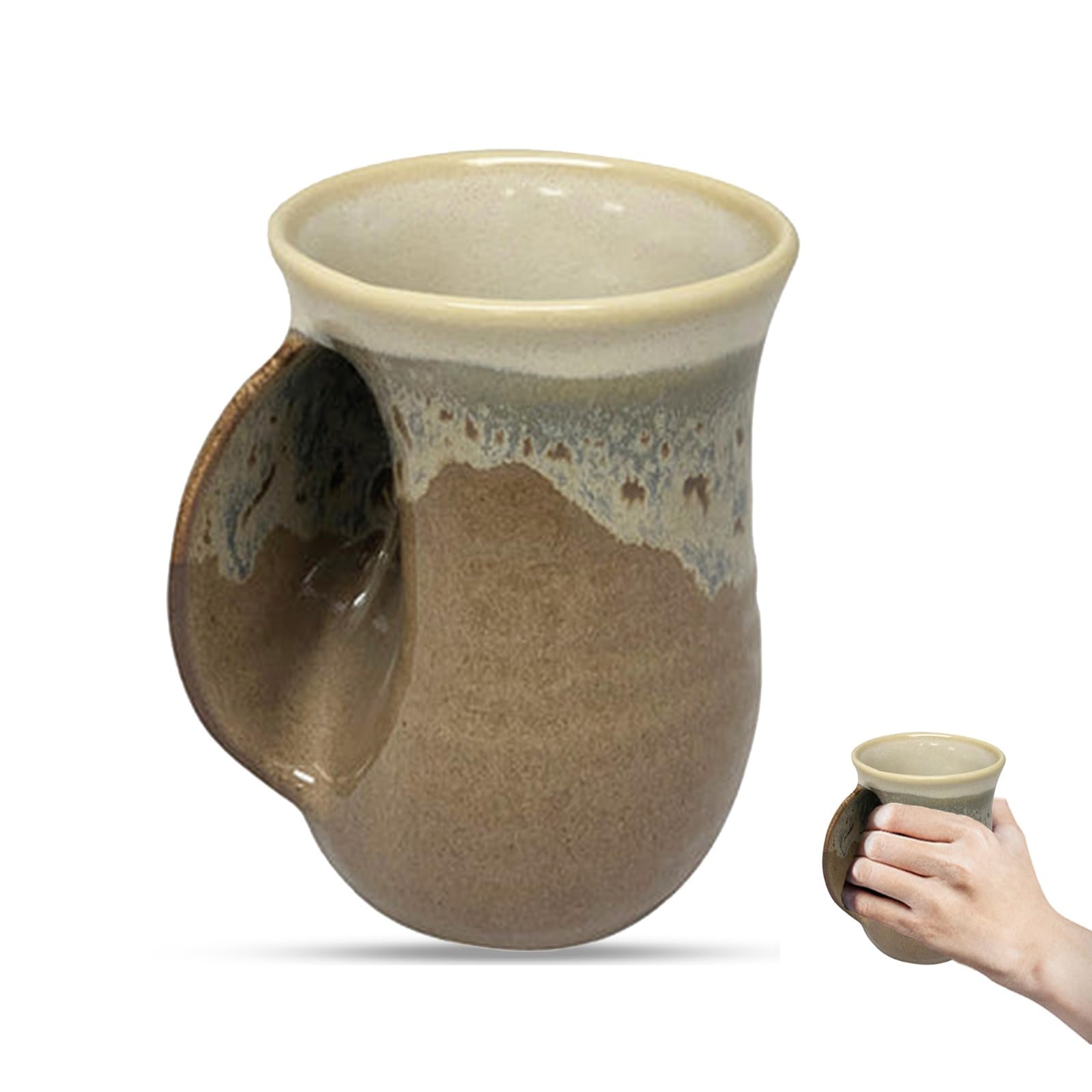 Clay in Motion Hand Warmer Coffee Mug – Handmade Coffee Mug With Comfortable Handle Contoured Pocket Hand Warming Ceramic Coffee Mug – Proudly Made in USA – Left Handed – 14 Oz - Desert Sand