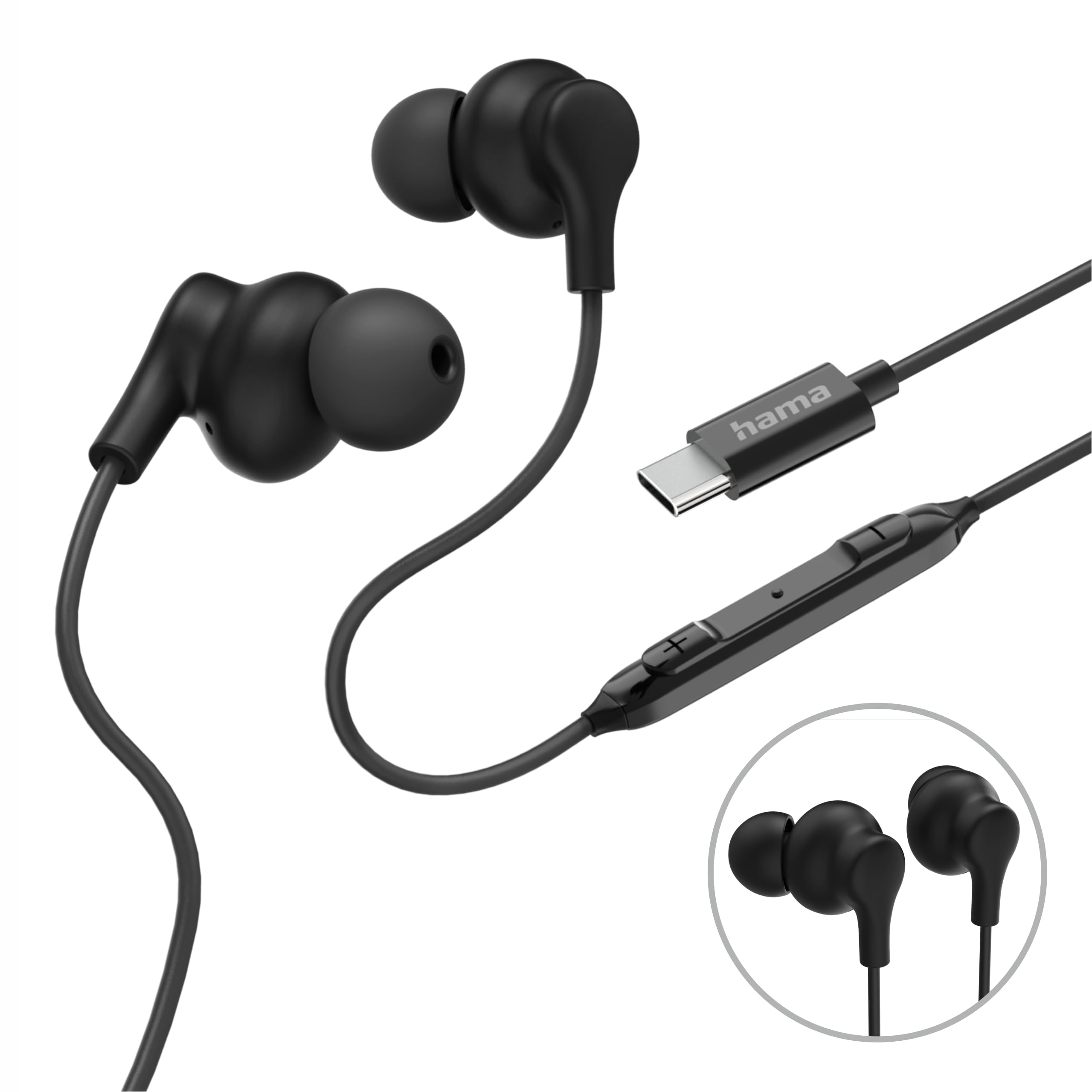 Hama, Curly Headphones, In-Ear, Microphone, Cable Kink Protection, USB-C, black