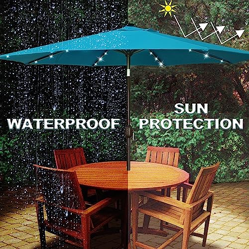 Image of Blissun 9 ft Solar Umbrella 32 LED Lighted Patio Umbrella Table Market Umbrella with Tilt and Crank Outdoor Umbrella for Garden, Deck, Backyard, Pool and Beach (Cerulean)