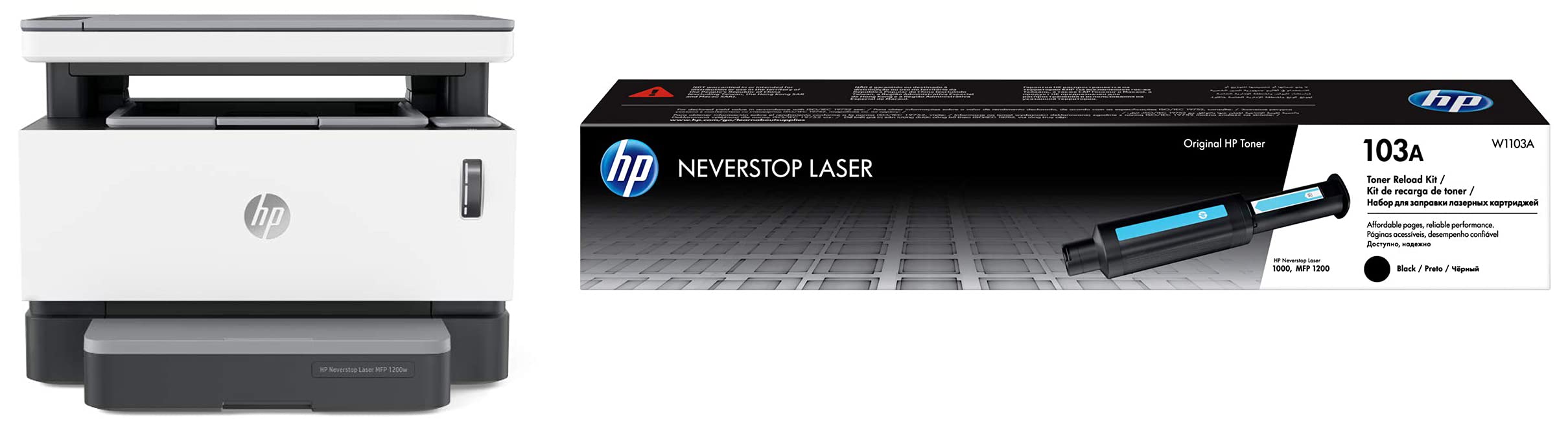 HP Neverstop Laser Tank All-in-One Wireless Laser Printers (1200w) & HP 103A Blk Neverstop Toner Reload Kit