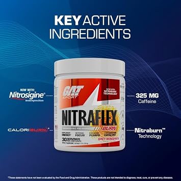 GAT SPORT NITRAFLEX Burn, Pre-Workout, Blue Raspberry, 30 Servings
