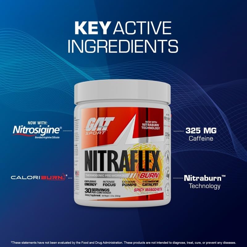 Image of GAT SPORT NITRAFLEX Burn, Pre-Workout, Blue Raspberry, 30 Servings