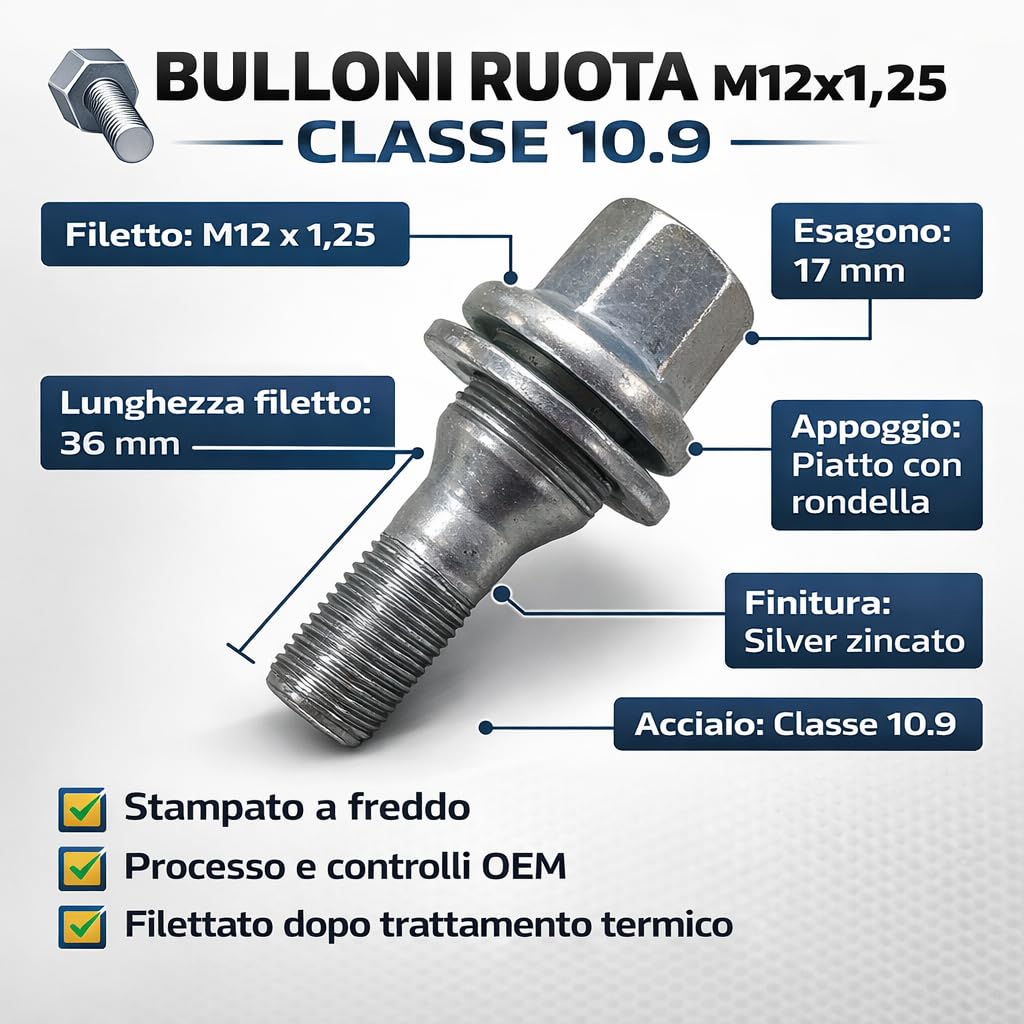 16 Bulloni Fissaggio Ruote Compatibile Con Citroen Saxo C3 Xsara C5 Berlingo C2 C4 C6 C3 DS3 DS4 DS5 dal 2003 - Jeep Avenger - Fiat 600 - Alfa Romeo Junior Gomme Cerchi in LEGA M12x1,25 hex 17