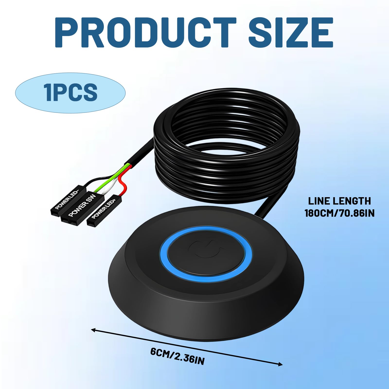 Desktop Computer PC Power Switch, PC Power Button with LED Light, 1.8M External Extension Cable Replacement of Computer, for Home Desktop, E-Sports Computers and Internet Cafes (Black) — view 2