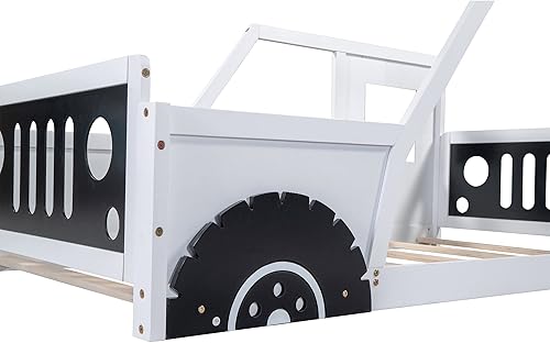 Miniatura 5 de Base de cama Montessori de tamaño individual para automóvil, con valla y puerta, plataforma en forma de automóvil con ruedas, cama individual de