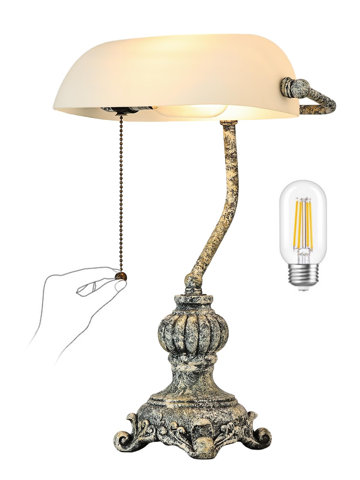 Newrays Retro White Mattglas Banker Schreibtischlampe für Home Office, Bibliothek mit Pull -Kettenschalter -Stecker, LED -Glühbirne enthalten