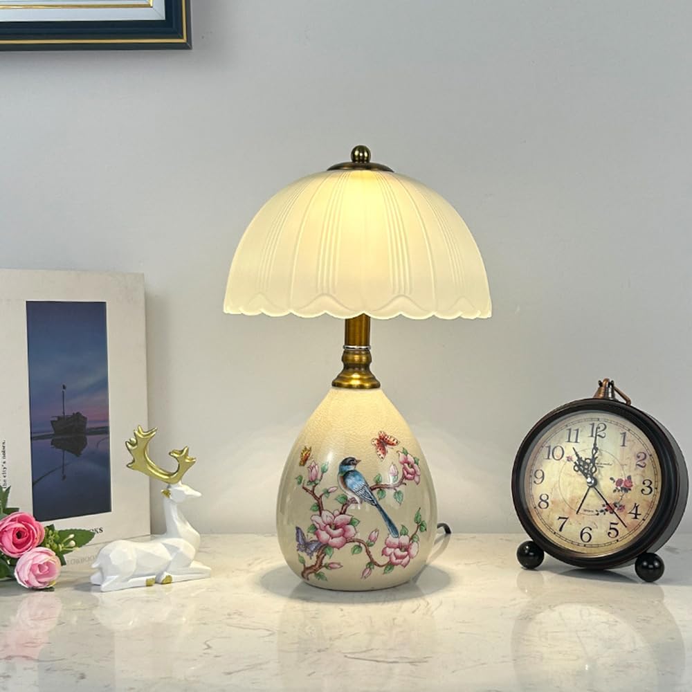Mengjay Lámpara de Mesa de Cerámica Vintage,Lámparas de Mesita de Noche Dormitorio,Pantalla de Vidrio,Lámpara de Sobremesa de Lectura,Luz de Noche Para Dormitorio,Sala de Estar (Beige)