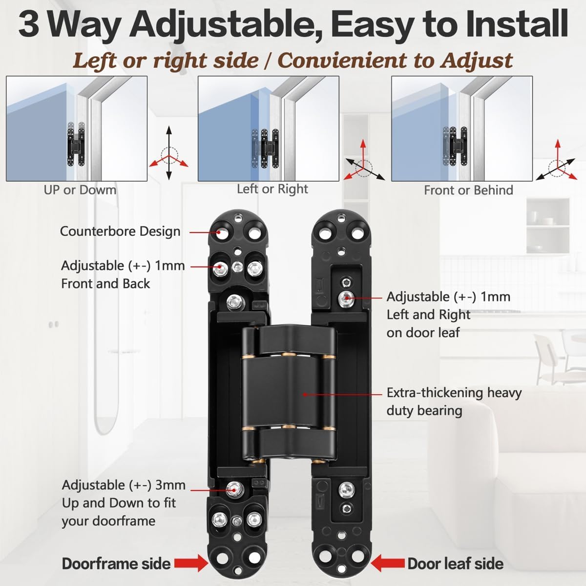 Cokritsm Hidden Door Hinges 7 inch Invisible Hinges for Doors 180 Degrees Concealed Door Hinges 3D Folding Door Hinge with Hex Wrench Screws for Wooden Door 80kg 2Pack - Image 3