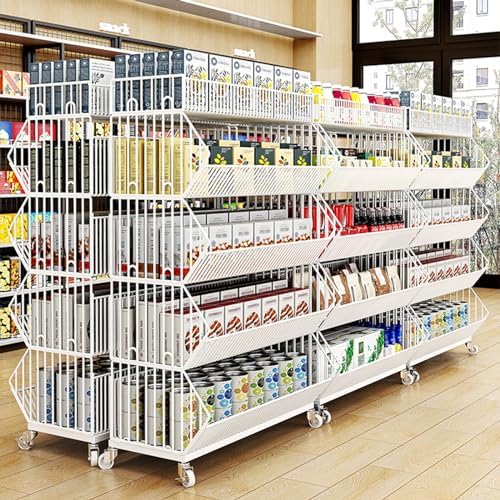 Retail Display Storage Rack，Large Wire Storage Baskets Stackable 2 3 4 5 Tiers, Movable Supermarket Shelf Snack Rack Display Stand with Wheels, Organizer Holder for Potato Chip Fruit Vegetab