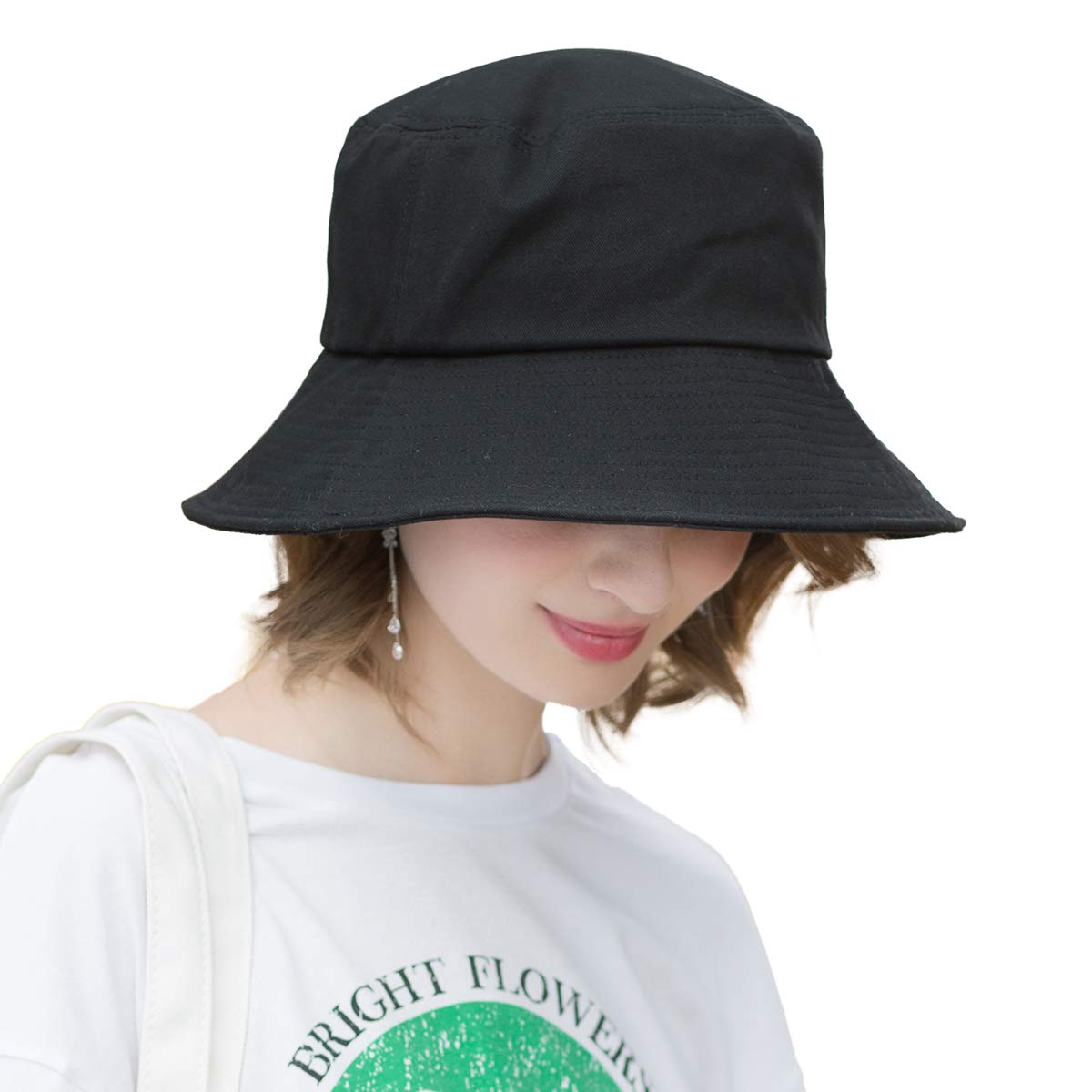 SOMALER Womens Cotton Wide Brim Sun Hats UPF50+ UV Packable Beach Hat Summer Bucket Cap for Travel, Small-Black, One Size