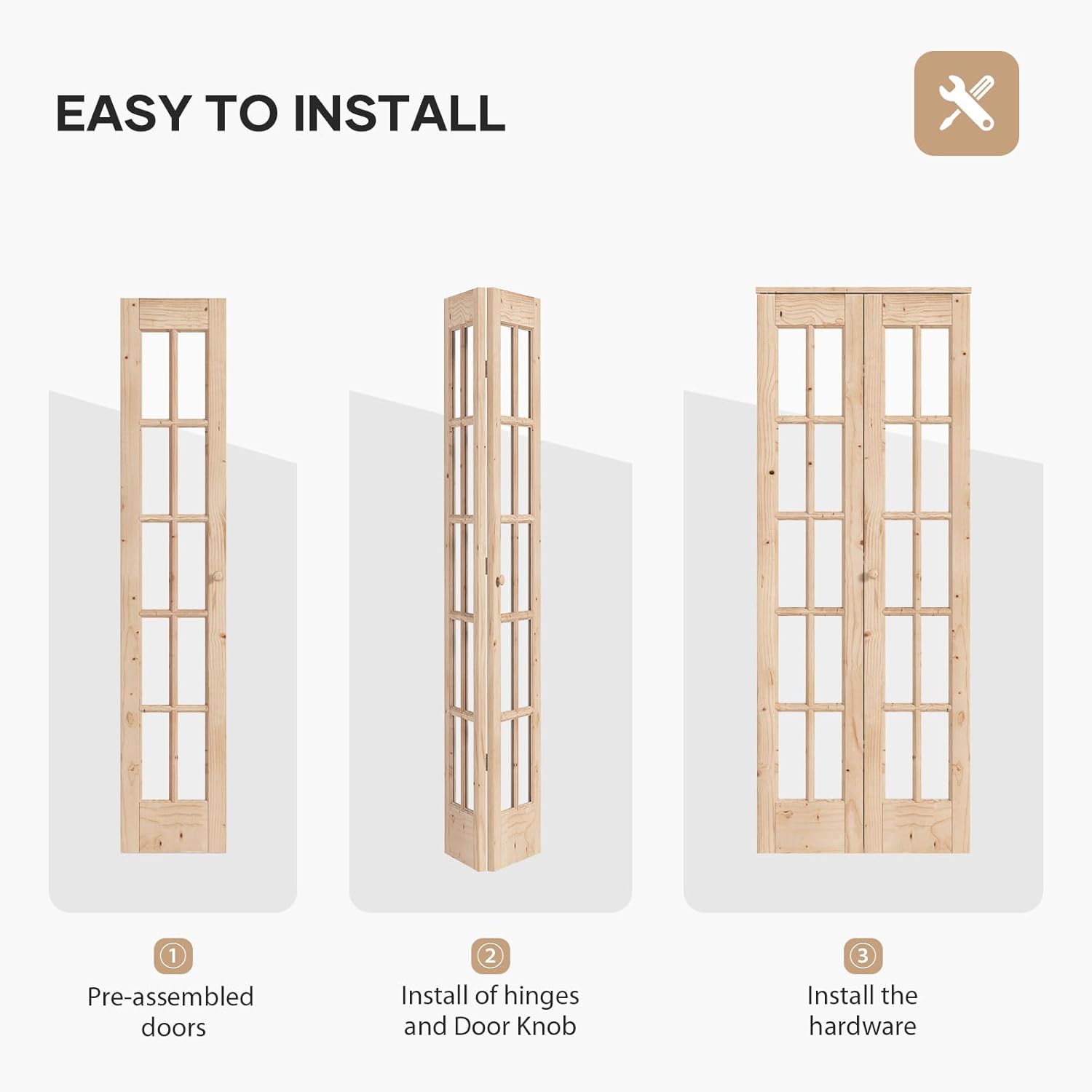 Diagram showing three steps for easy installation: 1. Pre-assembled doors, 2. Install hinges and door knob, 3. Install the hardware.