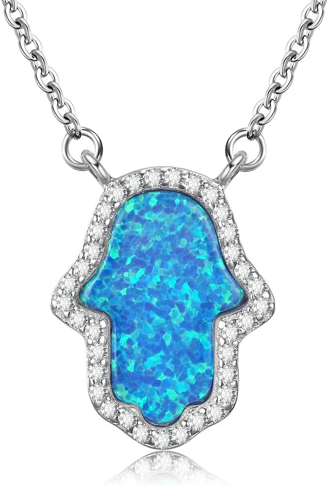TONGZHEBlue Hamsa Hand of Fatima Pendant Necklace Sterling Silver 925 Synthetic Opal CZ Chain 16"+2" Extender