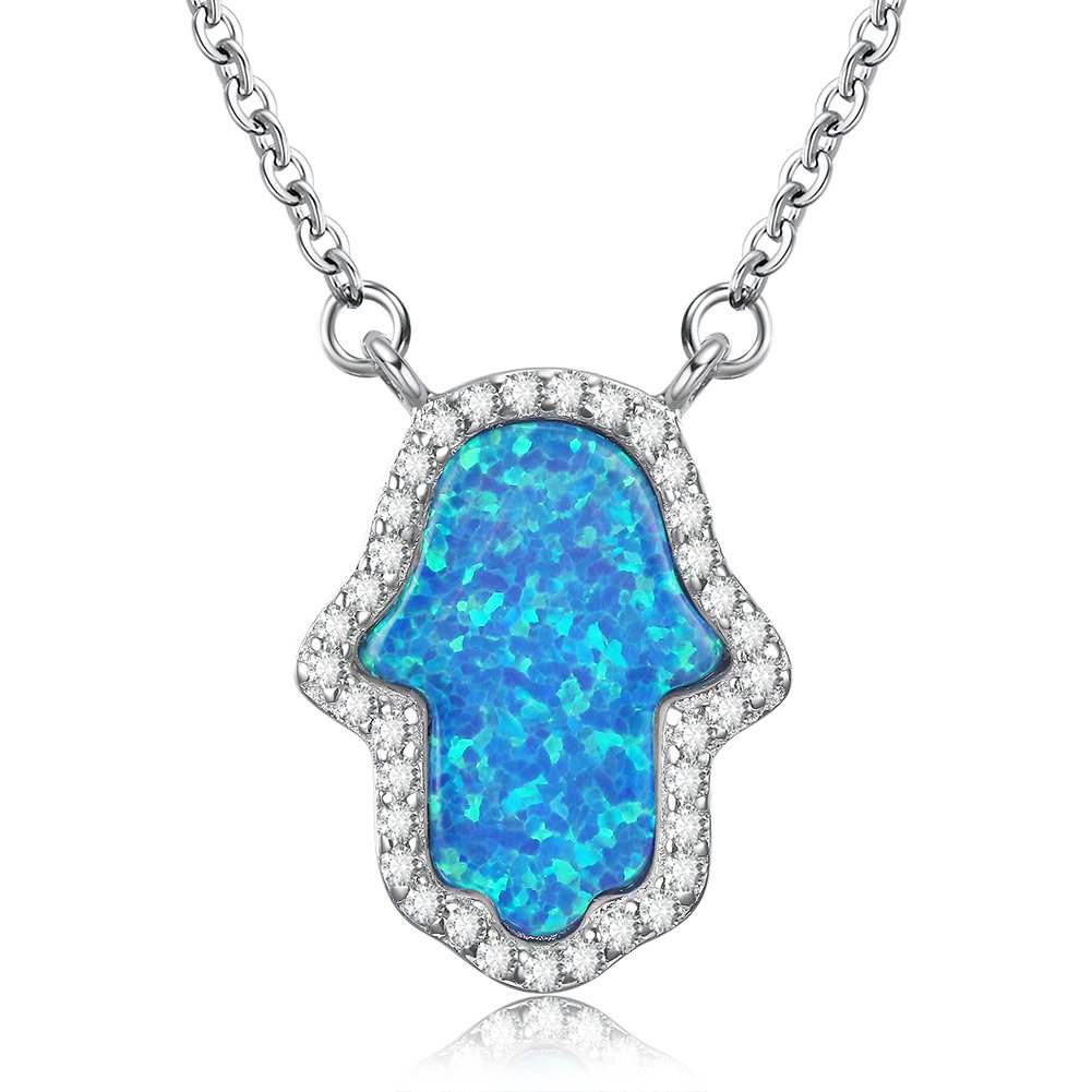 TONGZHEBlue Hamsa Hand of Fatima Pendant Necklace Sterling Silver 925 Synthetic Opal CZ Chain 16"+2" Extender