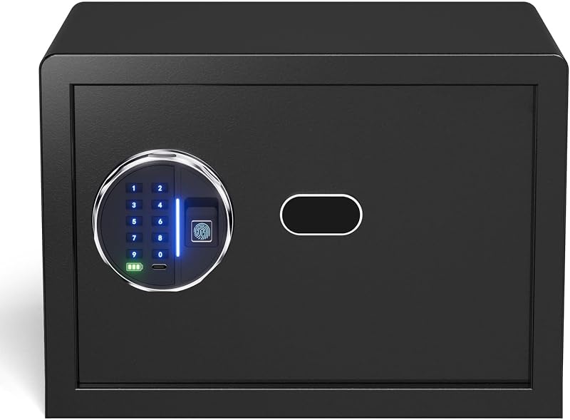 Grimtron Biometrikus Ujjlenyomat Széf - Csendes Módú Ékszertartó Páncélszekrény LED Kijelzővel - 0.78 cu. ft., Black